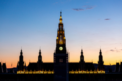 Bild zeigt das Wiener Rathaus bei Dämmerung